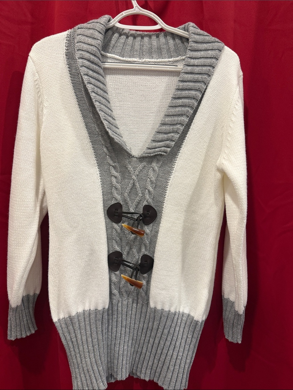 Cream and Gray Shawl-Collar Toggle Cardigan Sweater
